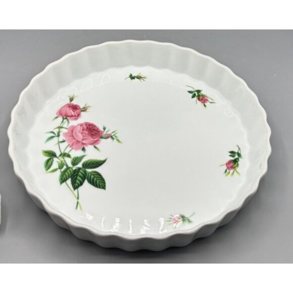 Vtg Christine Holm Ceramic Fluted Quiche Pie Dish Rose Pattern - Picture 2 of 5